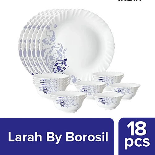 Larah by Borosil Dinner Set – Opalware Bue Eve Silk White 18 Pcs