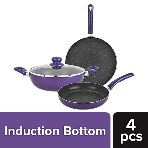 Bergner Non-Stick Cookware Set – Tawa Kadai Frypan Mini Pan Albrino Purple (Set of 4)