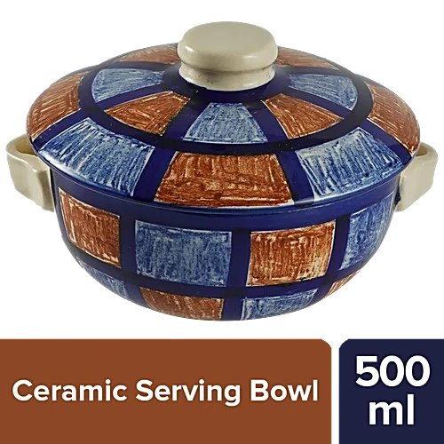 AliX Serving/Mixing Bowl With Lid Hand- Painted Ceramic Checkered Blue Brown  500 ml