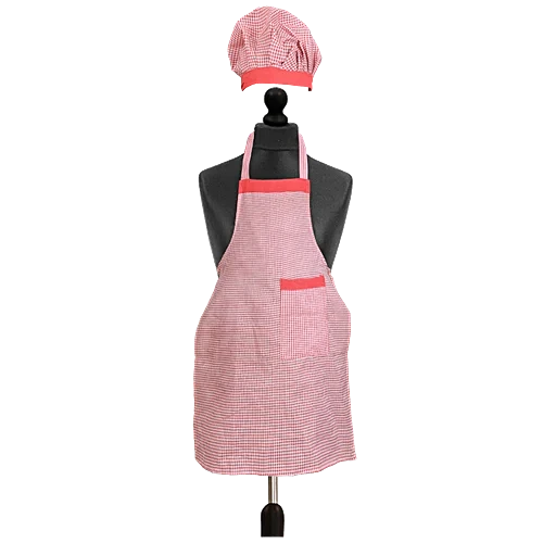 Kitchen Combo Set – Apron With Front Pocket & Cap Cotton Check Pattern Red