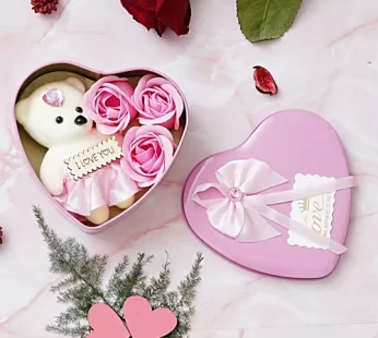 Valentines Day Pink Heart Shaped Gift Box – With 3 Pink Roses Teddy Bear & A Card