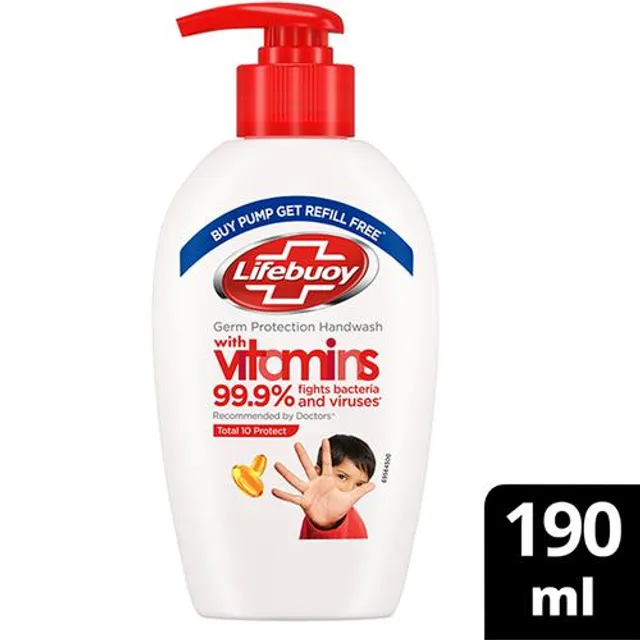 Lifebuoy Total 10+ Handwash – 99.9% Germ Protection, Active Silver 10+ Formula, 190 ml (With Free Refill Pouch 185 ml)