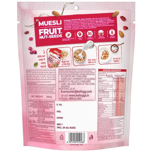 Kelloggs Muesli Breakfast Cereal - With Multigrain & 21% Fruit, Nut & Seeds, 240 g - Image 2