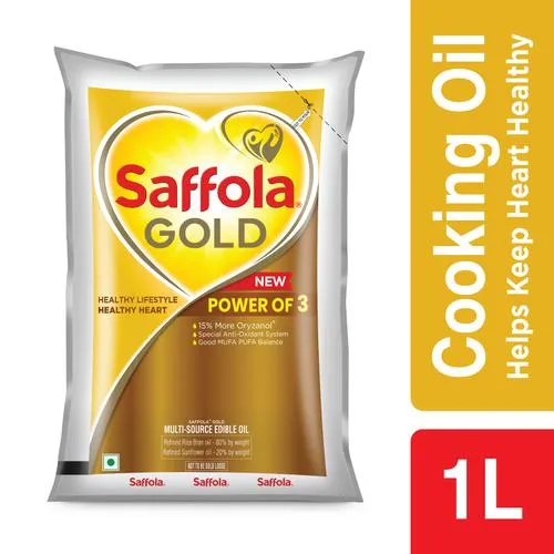 Saffola Gold Refined Cooking oil | Blended Rice Bran Sunflower oil | Helps Keeps Heart Healthy 1L Pouch