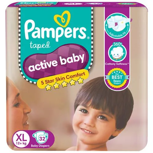 Pampers Active Baby Diapers - Extra Large, 12+ kg, Soft Stretch Waist & Sides, Up to 12 Hours Absorption, 32 pcs - Image 2