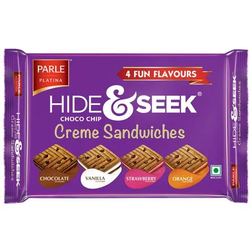 Parle Platina Hide & Seek Choco Chip Creme Sandwiches, Assorted Flavours, Chocolate, Vanilla, Strawberry, Orange, 400 g - Image 2