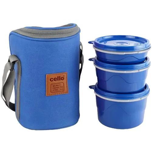 Cello Max Fresh Thermoware Hot Wave Lunch Box/Tiffin Box – Inner Steel, Blue Leak Proof 3 pcs (225ml 375ml 550 ml)