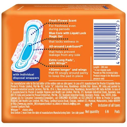 Whisper Choice Ultra Sanitary Pad - With Fresh Flower Scent, Protects From Stains XL 6 pcs - Image 2