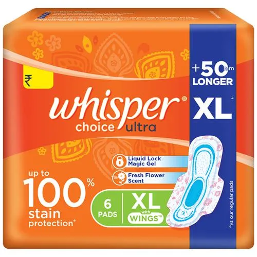 Whisper Choice Ultra Sanitary Pad - With Fresh Flower Scent, Protects From Stains XL 6 pcs