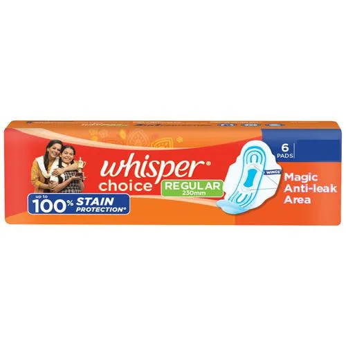 Whisper Choice Sanitary Pads – With Wings, 100% Stain Protection Regular 6 Pcs