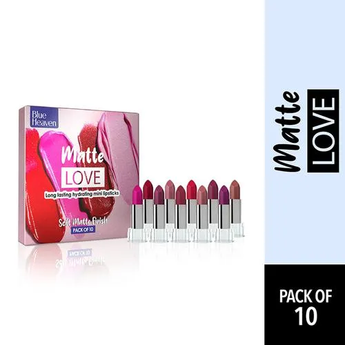 Blue Heaven Matte Love Mini Lipsticks – Assorted Shades Long Lasting, Hydrating 13 g (Pack of 10)