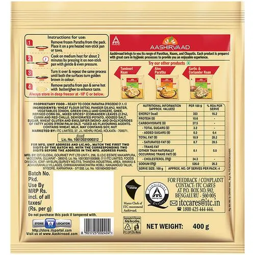 Aashirvaad Paneer Paratha - Ready To Cook No Added Preservatives Easy To Prepare Deliciou, Frozen 400 g Pouch - Image 3