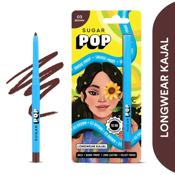 SUGAR POP Longwear Kajal – Lasts 16 Hours Velvet Finish Waterproof & Smudge-Proof 3 g 03 Brown