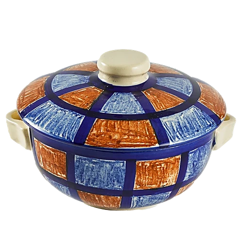 AliX Serving/Mixing Bowl With Lid Hand- Painted Ceramic Checkered Blue Brown 500 ml - Image 2