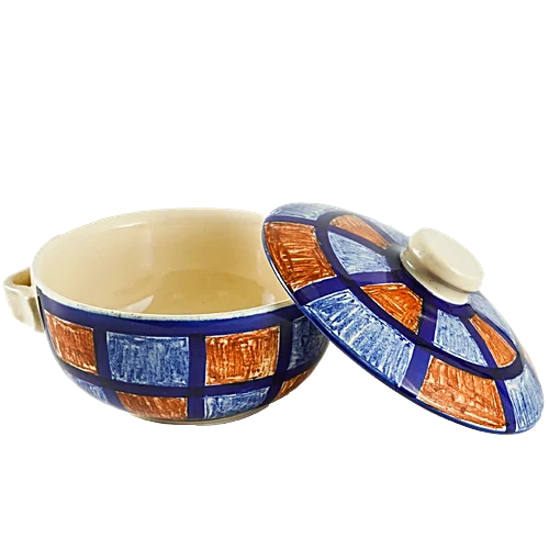 AliX Serving/Mixing Bowl With Lid Hand- Painted Ceramic Checkered Blue Brown 500 ml - Image 3