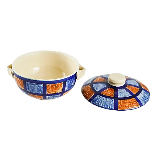 AliX Serving/Mixing Bowl With Lid Hand- Painted Ceramic Checkered Blue Brown 500 ml - Image 4
