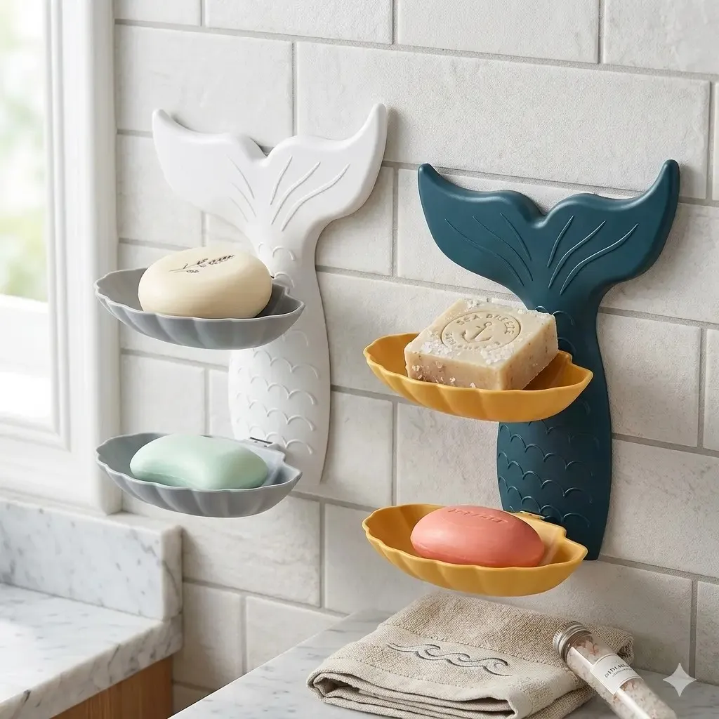 Mermaid Double Layer Soap Tray – Self-Adhesive Bathroom Soap Holder