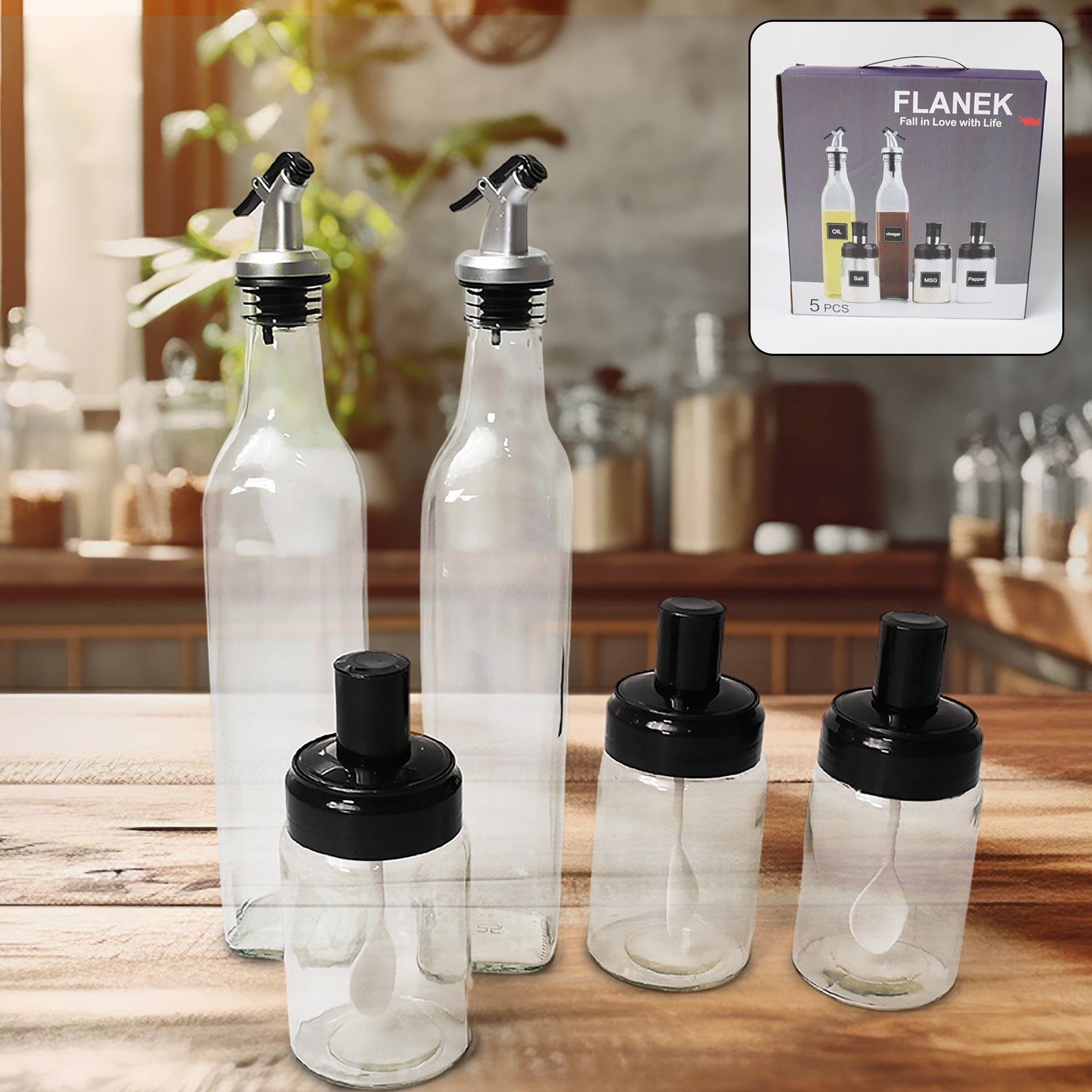 Transparent Glass Oil Dispenser 500 ML Bottle Set of 2, Spice Jar 250 ML Set of 3, Oil Bottle for Kitchen, Oil & Vinegar Storage Glass Bottle, Glass Container for Spice, Masala (5 Pcs Set) - Detailed Feature View 2