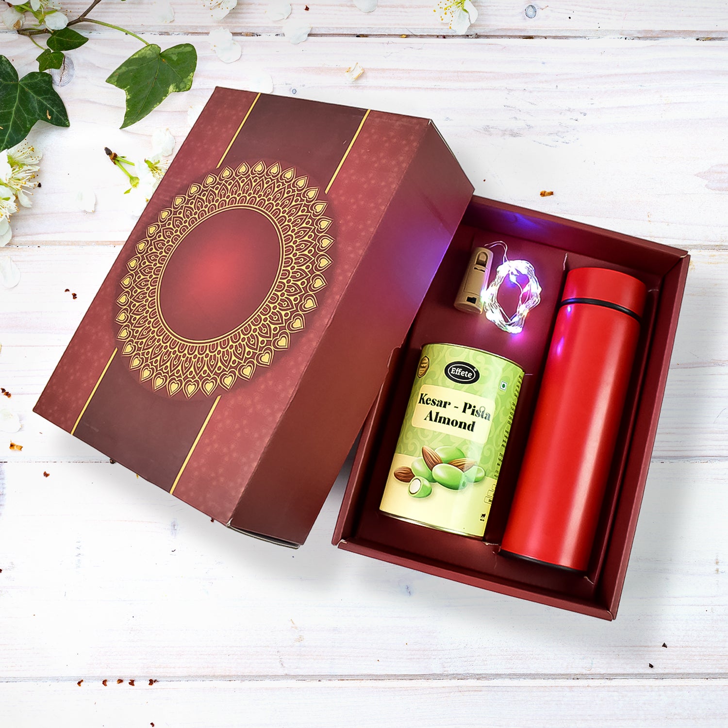 Personalized Temperature Bottle with Light and Kesar Pista Chocolate 3 Pc Set - Detailed Feature View 1