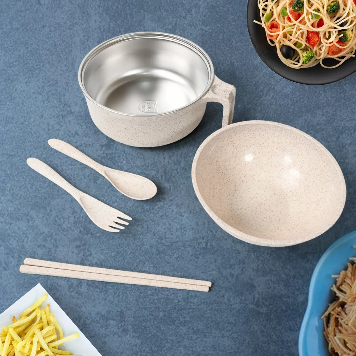 Rice Bowl Noodle Set – 6 Pcs with Lid, Handle & Cutlery - Detailed Feature View 3