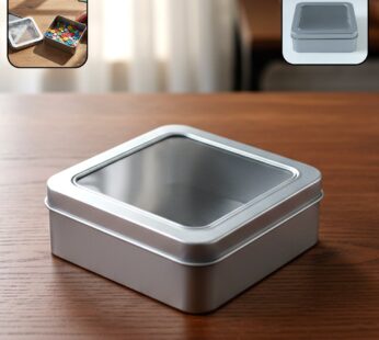Square Metal Storage Tin Box with Transparent Window Lid (1 Pc, 9.5 x 9.5 Cm)