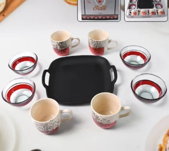 Set Of Ceramic Cup 4pc And Glass Bowl 4pc With Plastic Plate (9 Pcs Set)