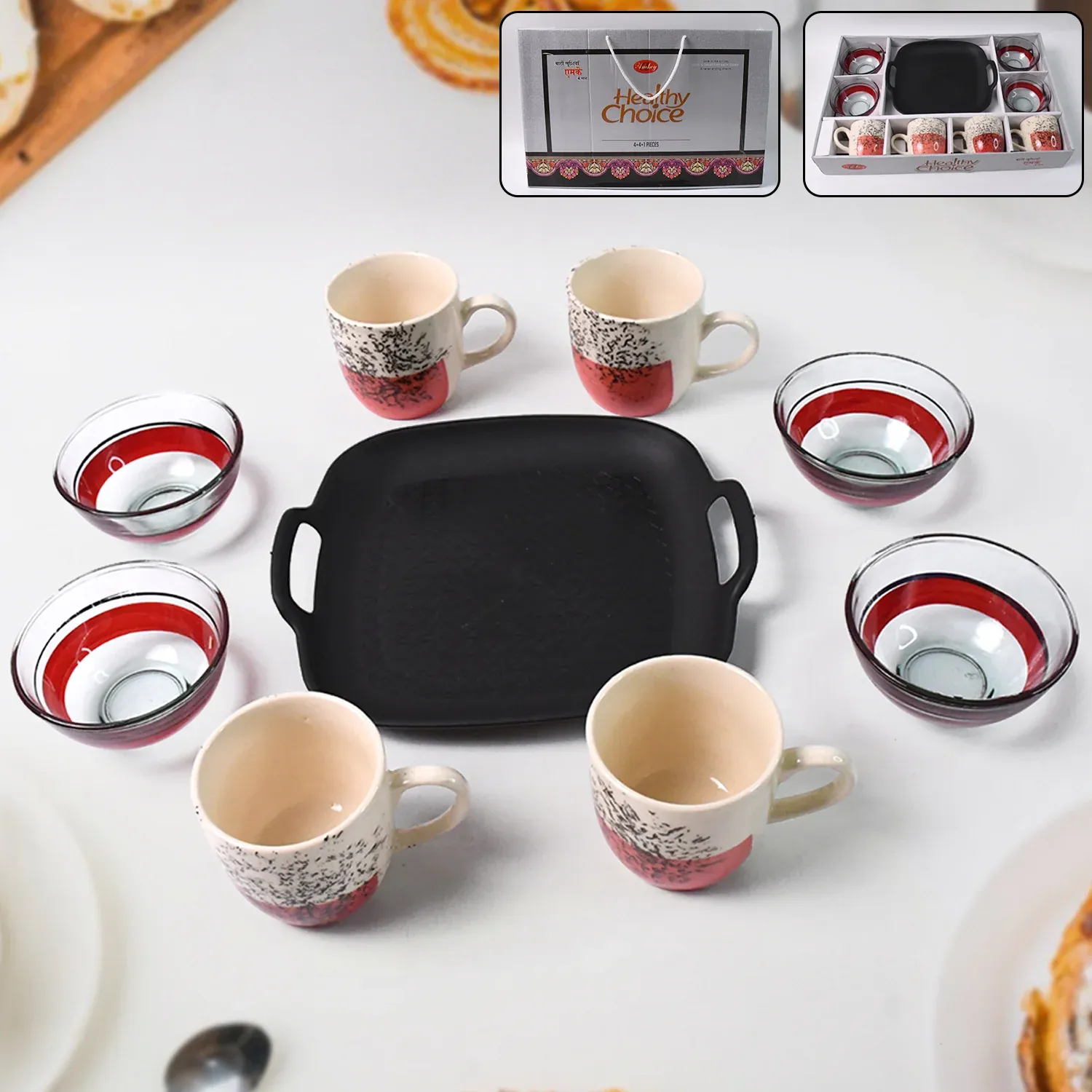 Premium Set Of Ceramic Cup 4pc And Glass Bowl 4pc With Plastic Plate (9 Pcs Set) - Buy Online at Alikart