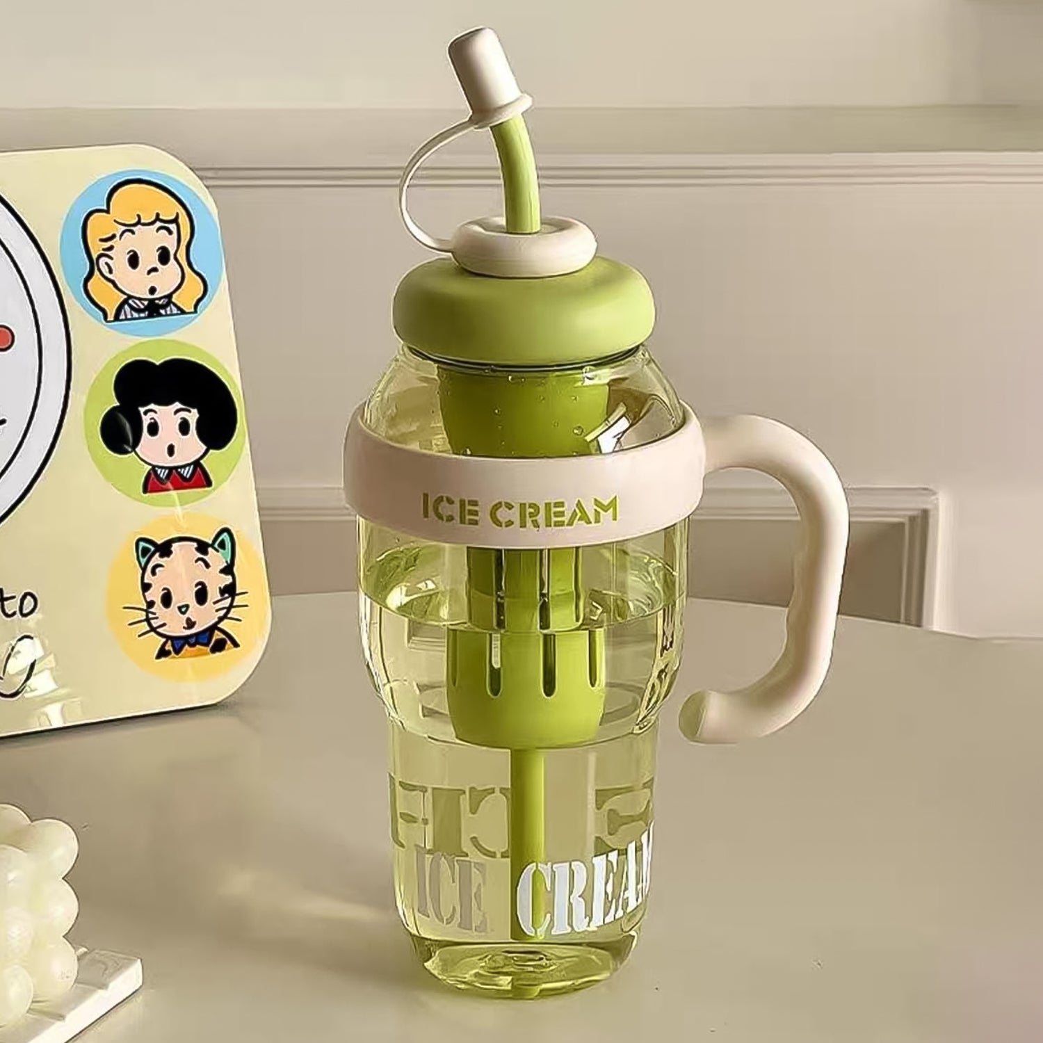 Premium Approx 1300ML Large Capacity Cute Ice Cream Themed Water Bottle with Handle, Straw - Buy Online at Alikart