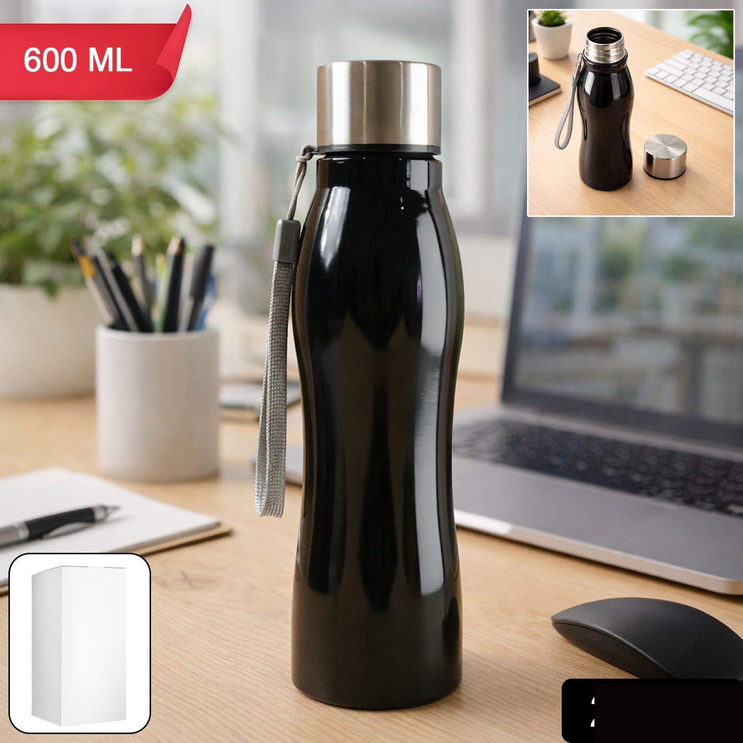 Stainless Steel Water Bottle with Carry Strap 600 ML - Detailed Feature View 1