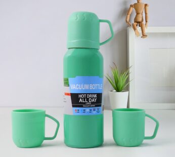 Green Vacuum Flask Set – Stainless Steel Thermos with 3 Cups, Approx 500ml