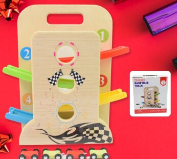 Wooden Ramp Racer Race Track Vehicle Play sets With 4 Mini Racers (with Handle)