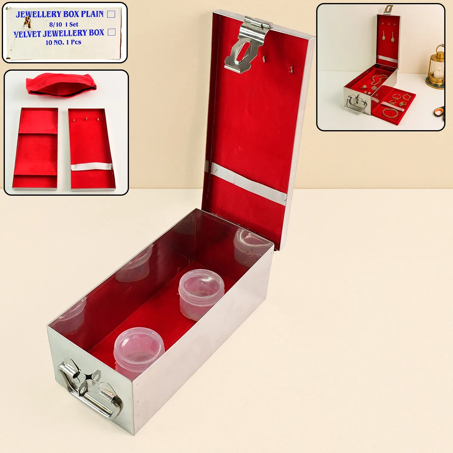 Premium Premium Stainless Steel Velvet Lined Jewellery Storage Box with Lock and Red Interior - Buy Online at Alikart