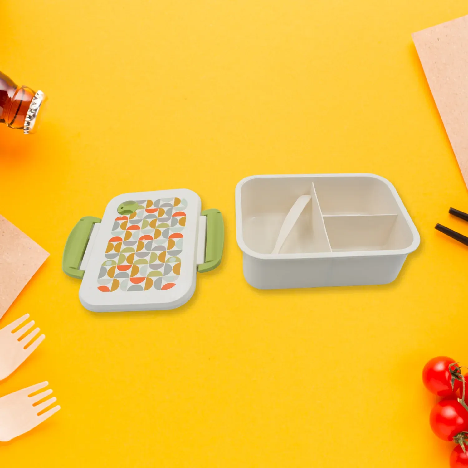 Lunch Box 3 Compartment With Leak Proof Lunch Box & 1 spoon, For School & Office Use - Detailed Feature View 2