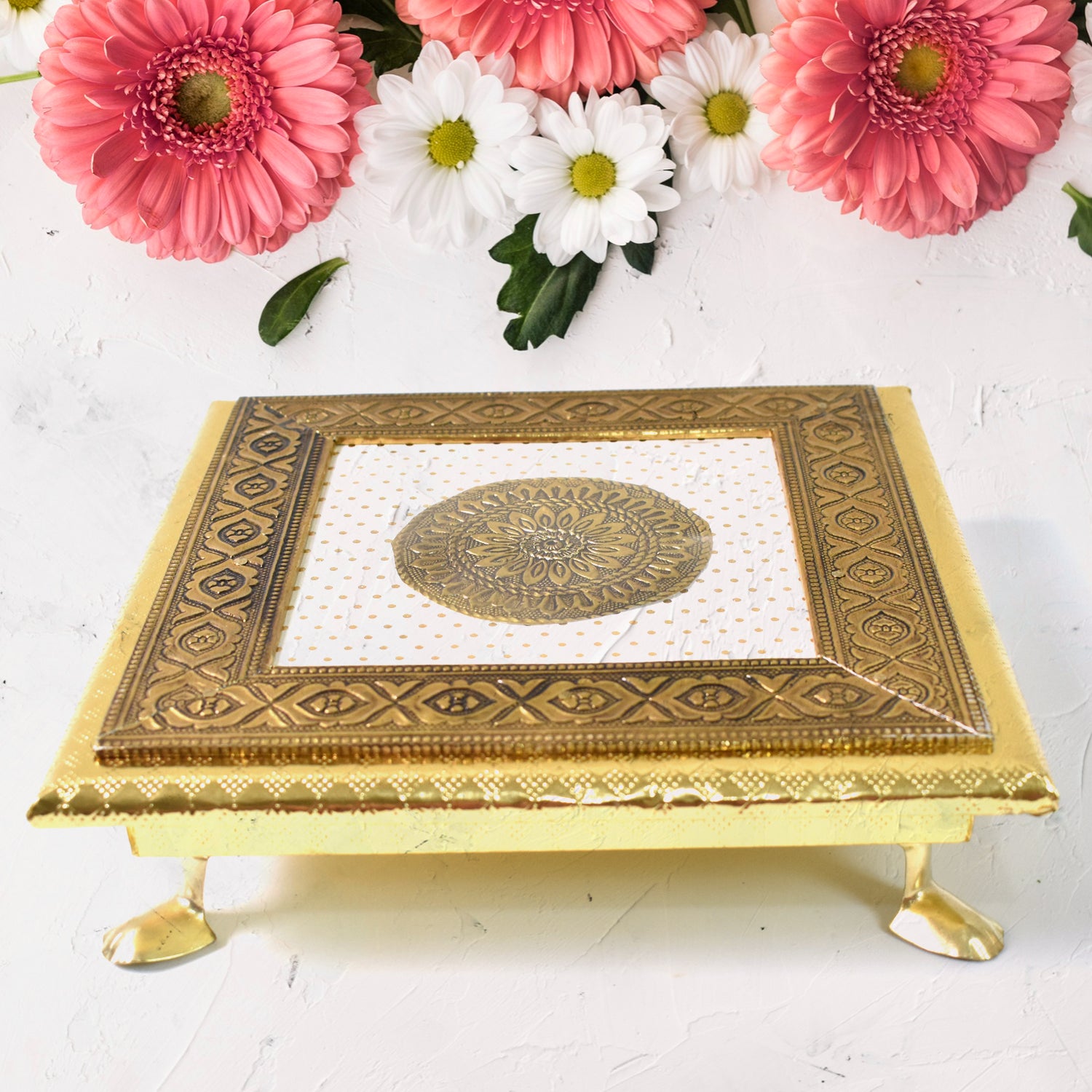 Premium Golden - Square Pooja Chowki Patla / Bajot (20×20 CM / 1 Pc) - Buy Online at Alikart