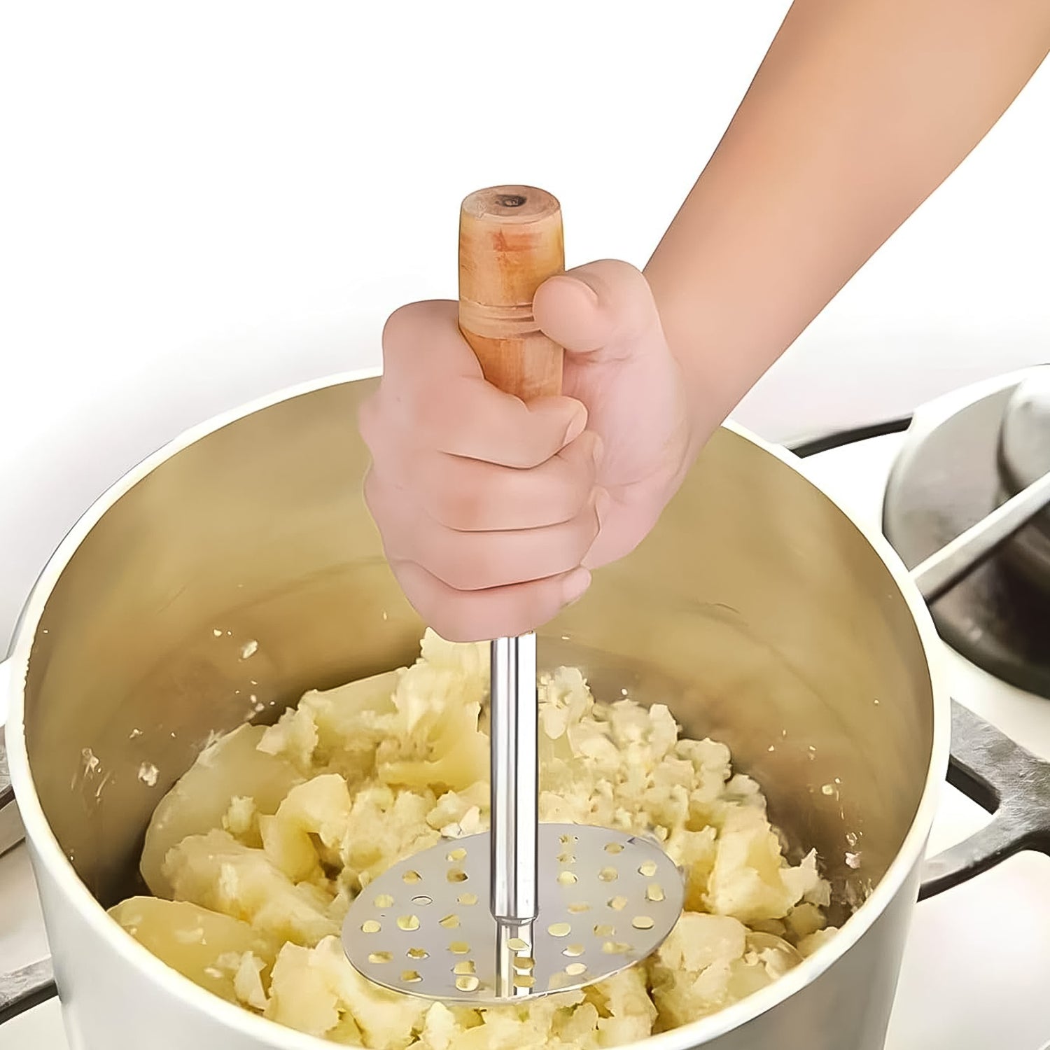 Stainless Steel Potato Masher / Pav Bhaji Masher with Wooden Handle (1 Pc) - Detailed Feature View 3