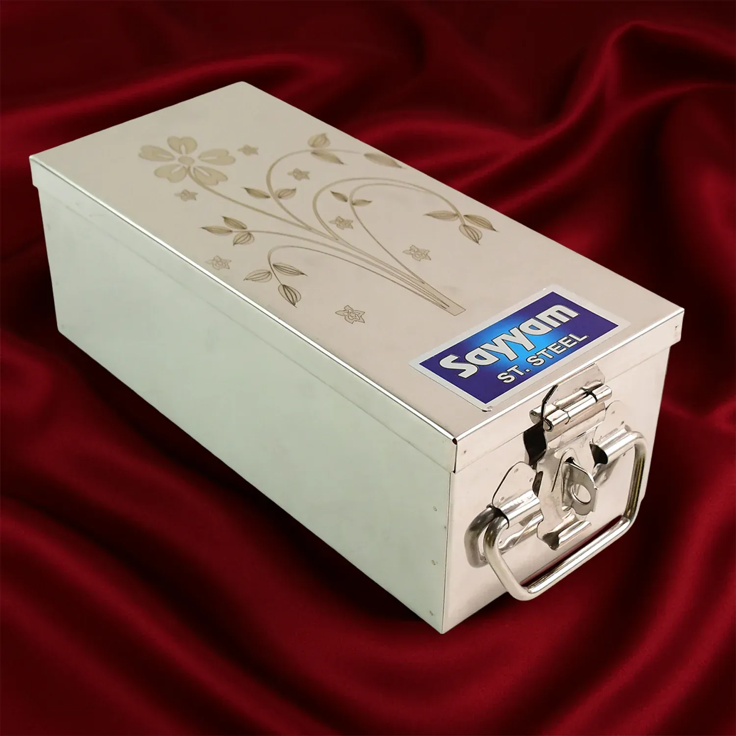 Premium Stainless Steel Velvet Lined Jewellery Storage Box with Lock and Red Interior - Detailed Feature View 5