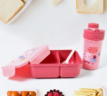 Plastic Lunch Box Leak Proof 2 Compartment with Bottle and Fork (1 Set / Mix Color)