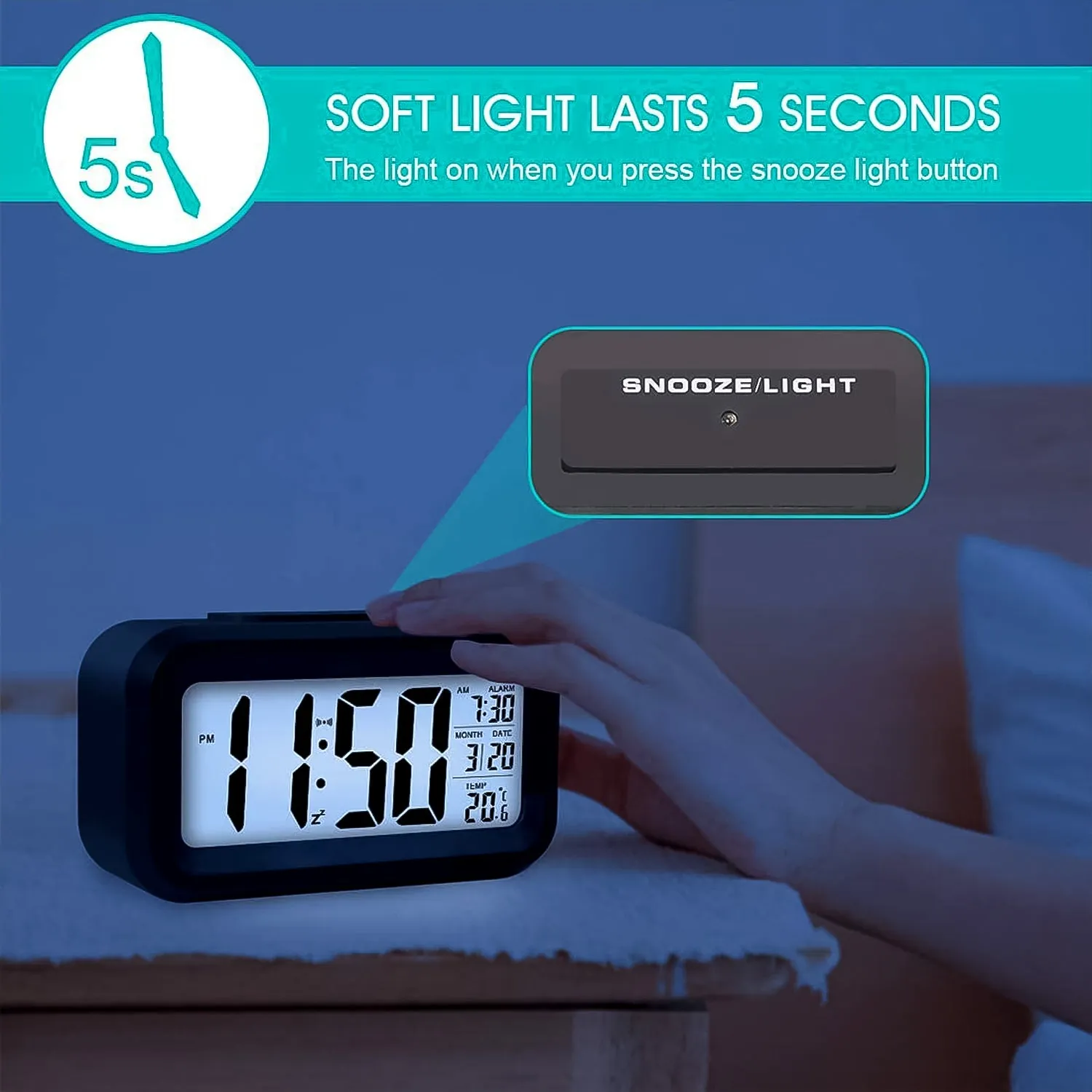 Digital LCD Alarm Clock with Backlight (1 Pc) - Detailed Feature View 2