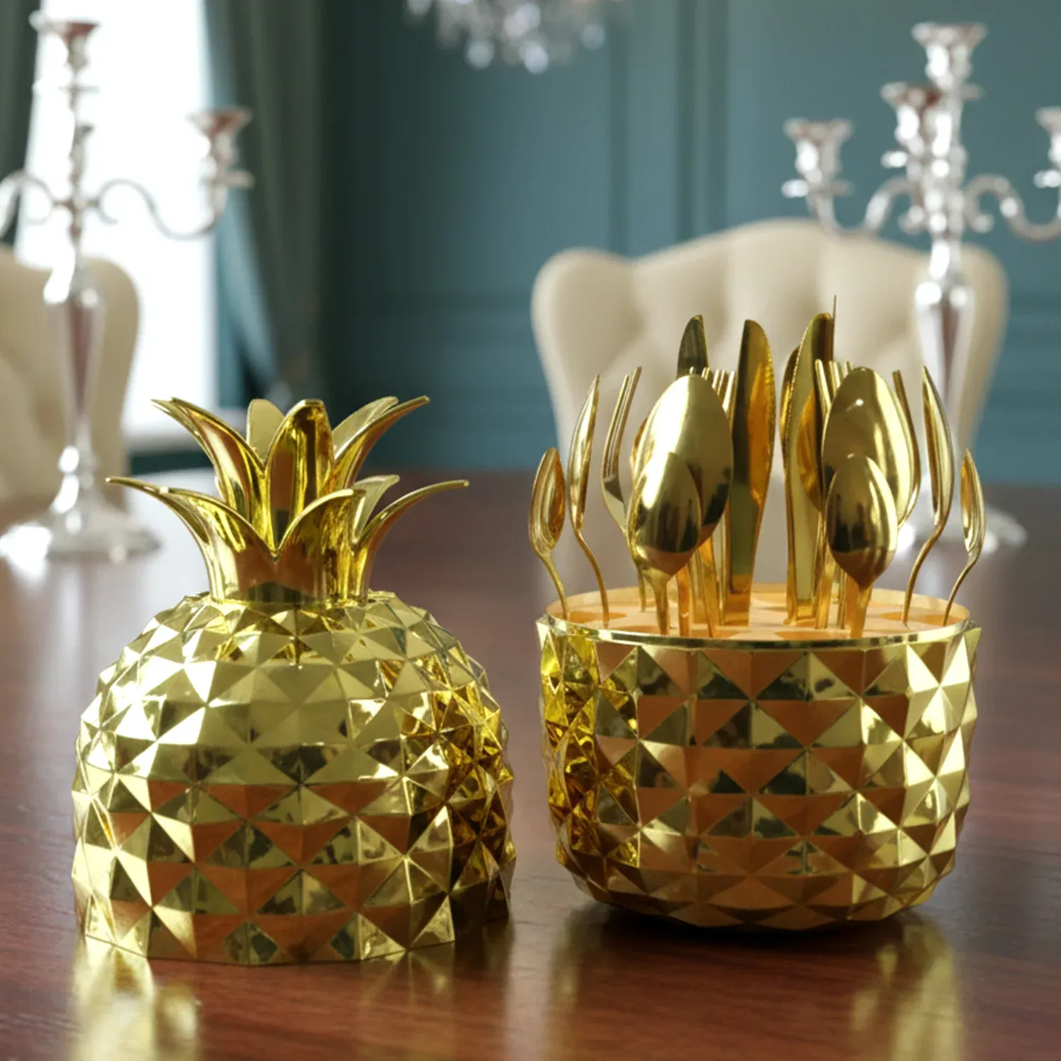 Stainless Steel Golden Cutlery Set with Pineapple Storage Stand (24 Pc Set) - Detailed Feature View 4