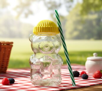 Cute Glass Bear Shape Kids Drinking Cup Bottle with Straw (1 Pc, 350 ML)