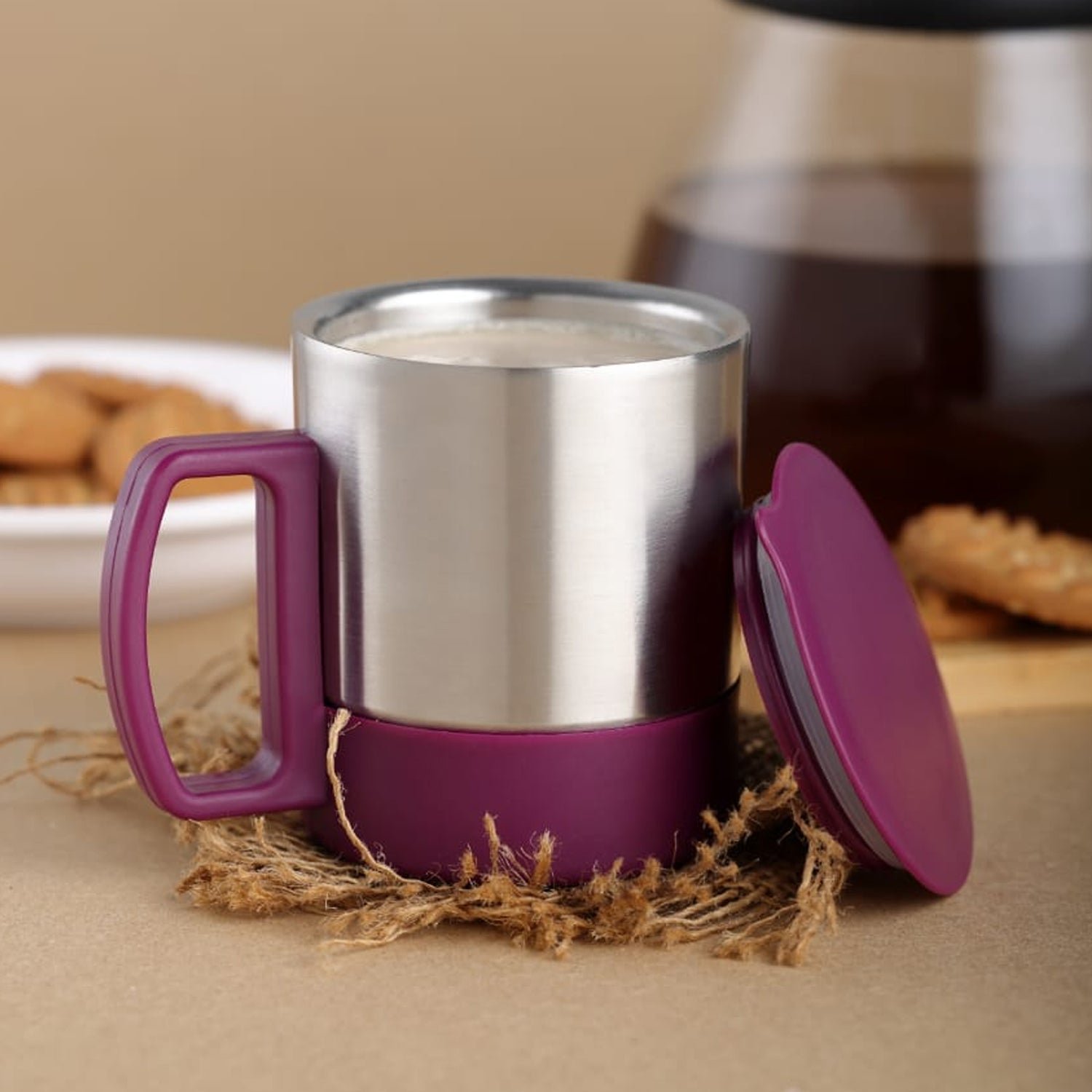 Customize Stainless Steel Coffee/Tea Cup, Stainless Steel Lid Cover Hot Coffee/Tea Mug Hot Insulated Double Wall Stainless Steel, Coffee and Milk Cup with Lid & Handle Easy To Carry - Coffee Cup (1 Pc) - Detailed Feature View 1