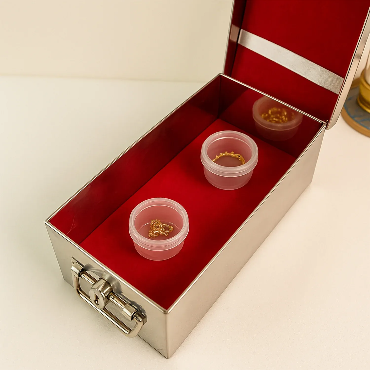 Premium Stainless Steel Velvet Lined Jewellery Storage Box with Lock and Red Interior - Detailed Feature View 6