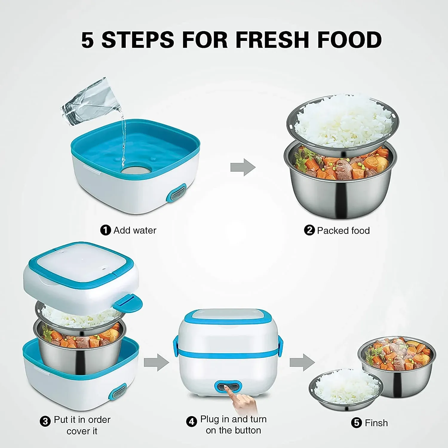 Electric Lunch Box, 3 In 1 Food Heater / Cooker / Steamer with Stainless (1 Set) - Detailed Feature View 5