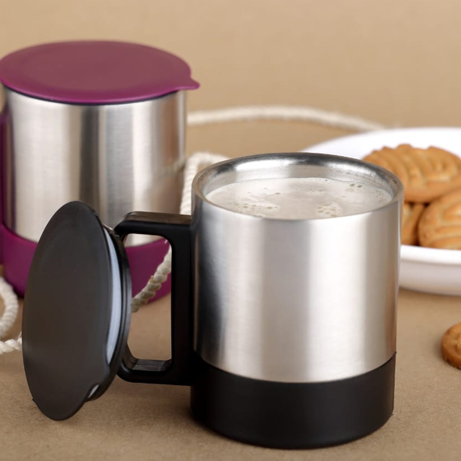 Customize Stainless Steel Coffee/Tea Cup, Stainless Steel Lid Cover Hot Coffee/Tea Mug Hot Insulated Double Wall Stainless Steel, Coffee and Milk Cup with Lid & Handle Easy To Carry - Coffee Cup (1 Pc) - Detailed Feature View 2