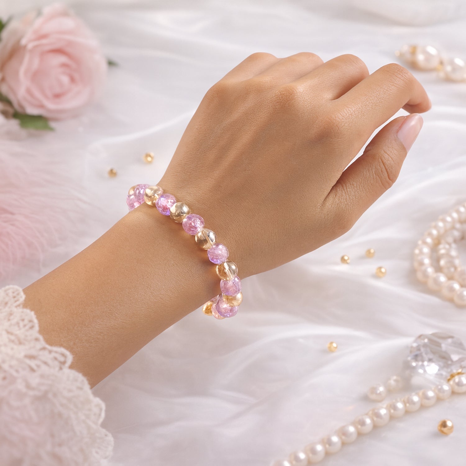 Elegant Dual-Tone Crystal Beaded Stretch Bracelet (1 Pc) - Detailed Feature View 7