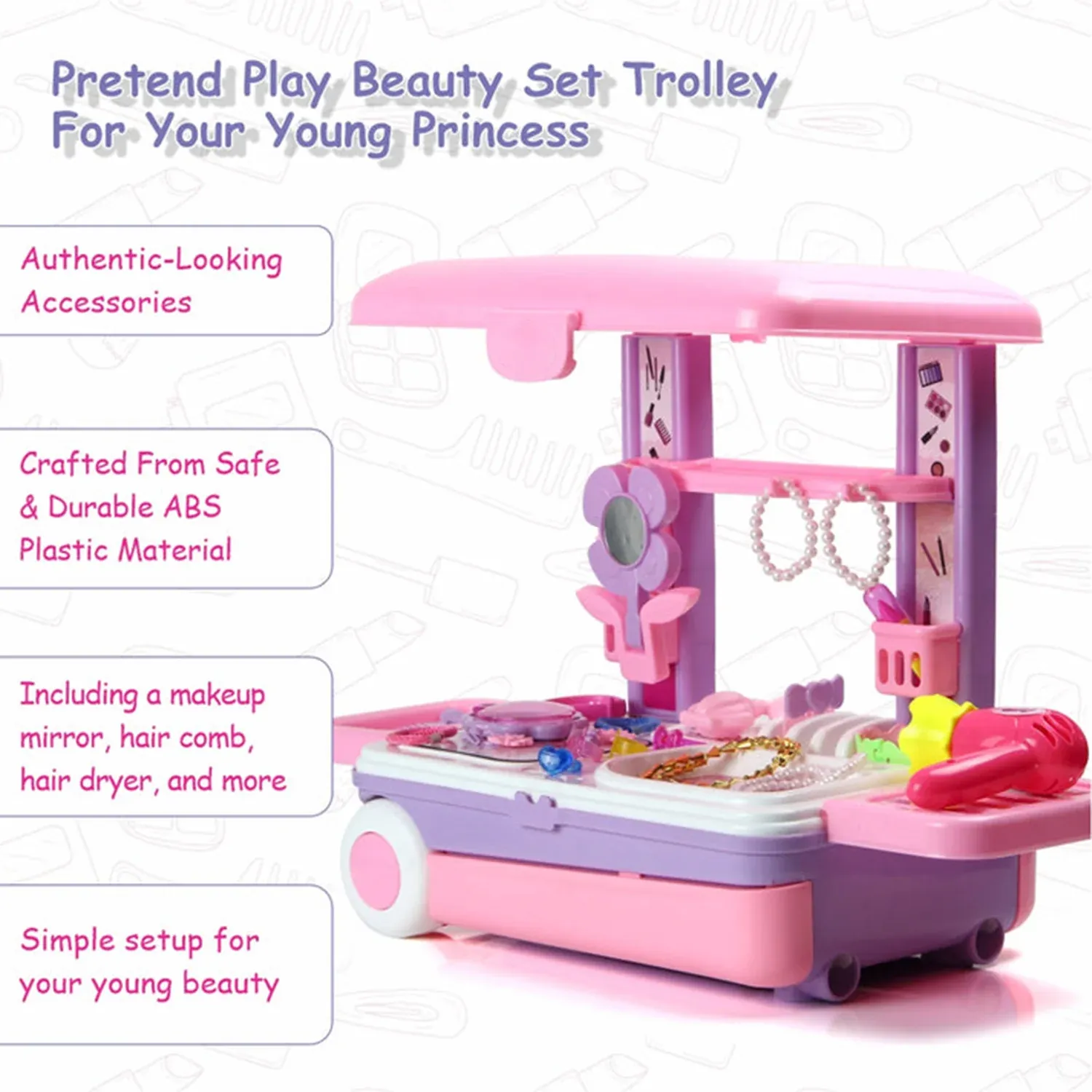 Big Beauty Set Suitcase On Wheel, The Ultimate Beauty Set On Wheels for Girls, Makeup Kit is Easy to Clean & Use, Portable Beauty Set with 25 Pieces for 3 Years BIS Approved. (Beauty Set Trolley) - Detailed Feature View 5
