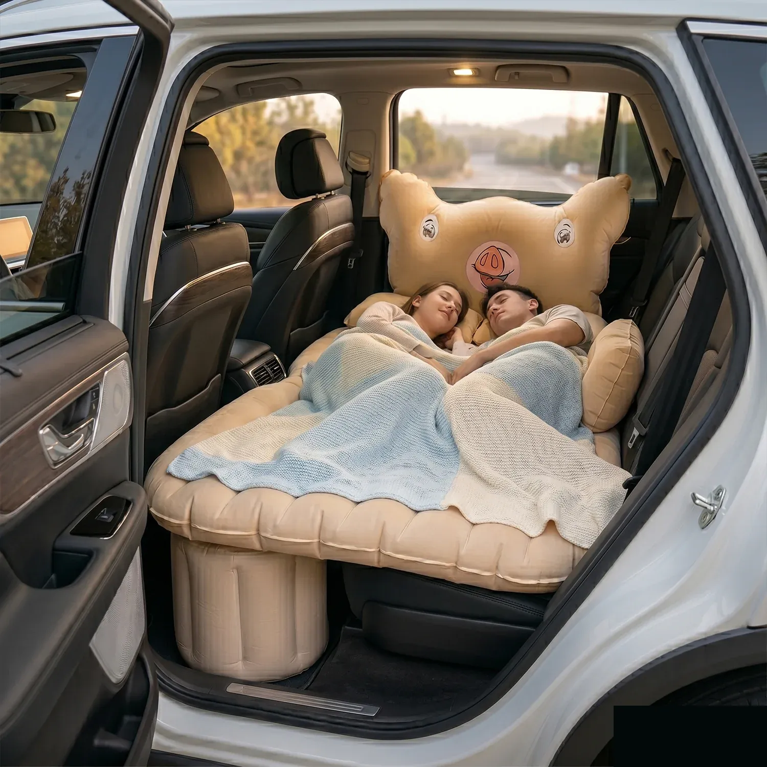 Car Air Mattress Bed Set – Cartoon Pig Design Inflatable Travel Bed with Pillows - Detailed Feature View 4