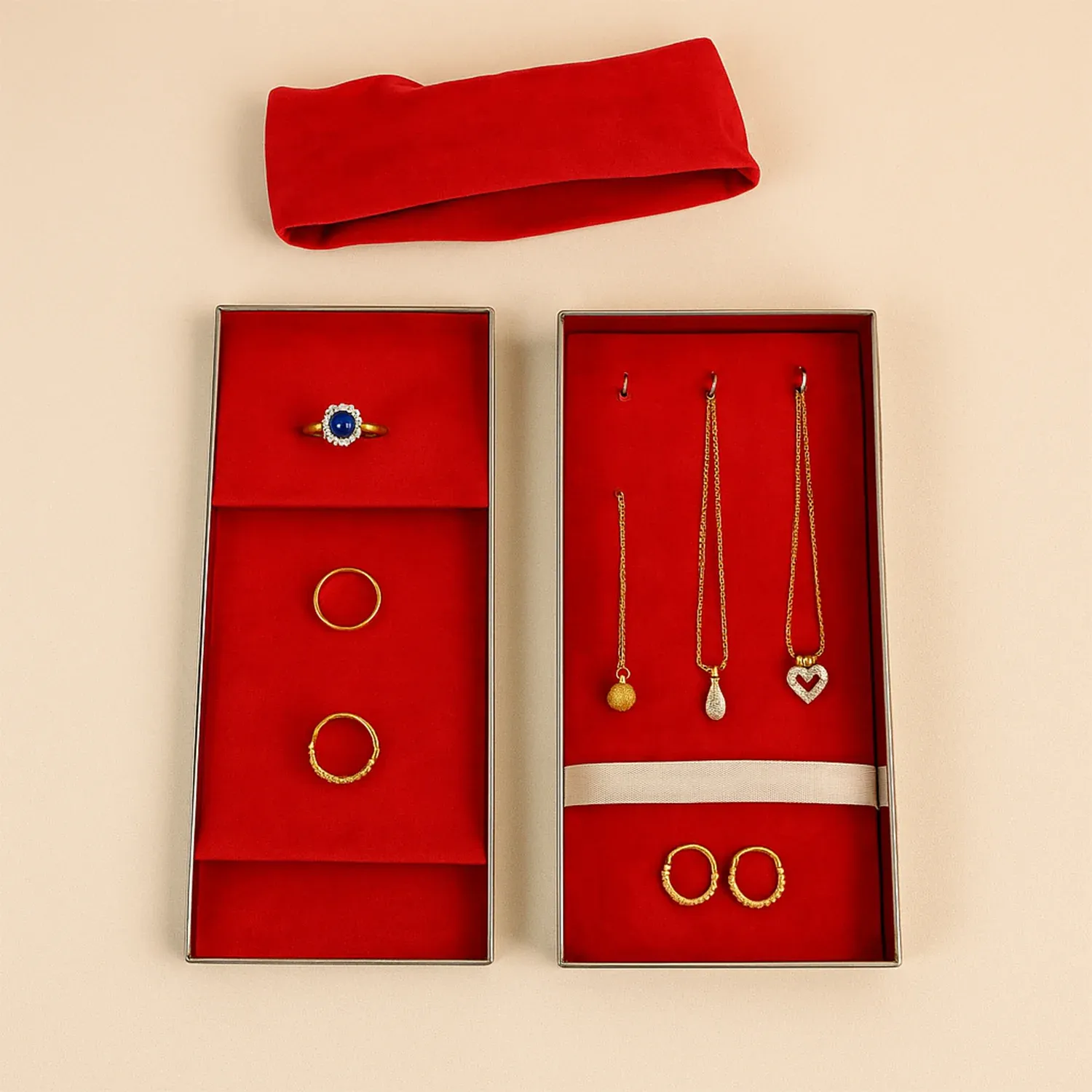 Premium Stainless Steel Velvet Lined Jewellery Storage Box with Lock and Red Interior - Detailed Feature View 2