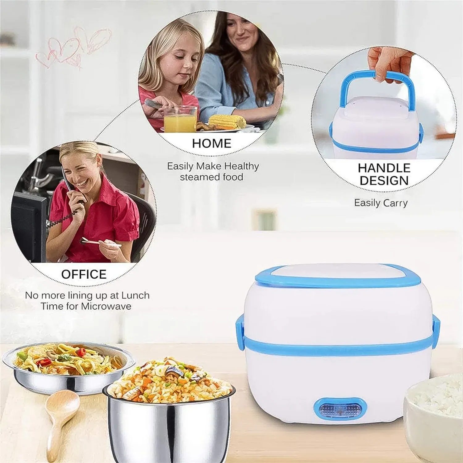Electric Lunch Box, 3 In 1 Food Heater / Cooker / Steamer with Stainless (1 Set) - Detailed Feature View 2