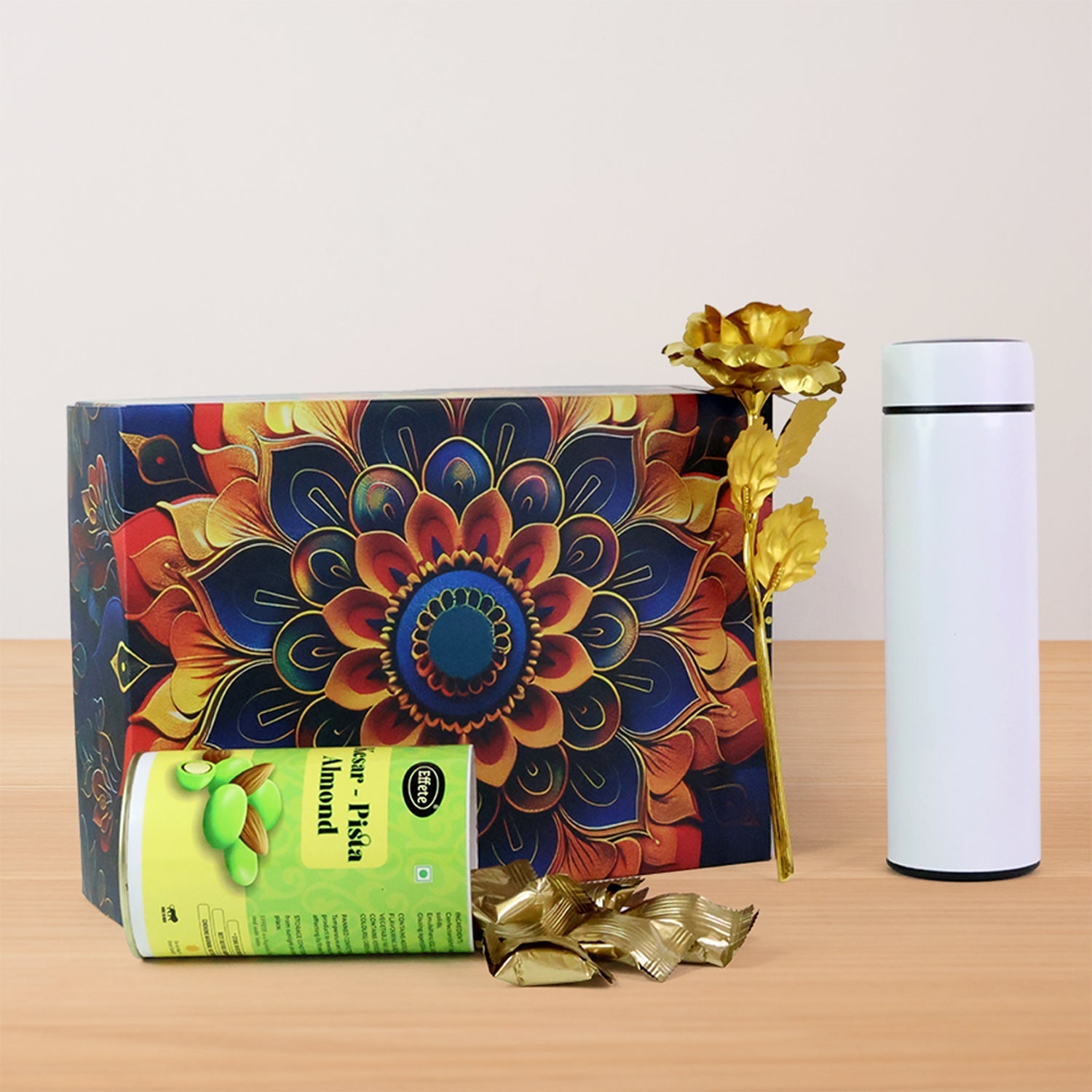 Personalized Temperature Water Bottle Effete Kesar Pista Almonds Golden Rose 3 Pc - Detailed Feature View 5